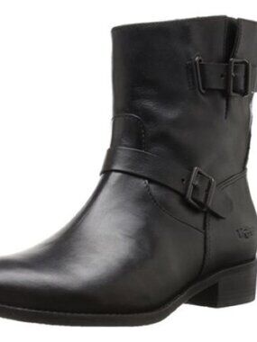 UGG Fletcher Leather Boots Buckle Straps Moto Biker Booties Black Size 9 NEW